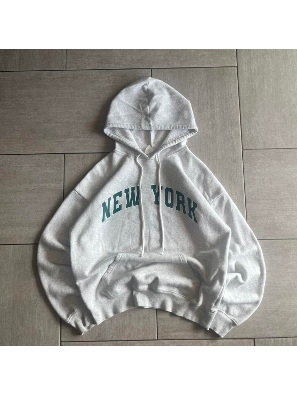 No Boundaries New York Graphic Hoodie Heather Gray Green Varsity Pullover Size M